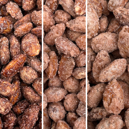 From left to right, Cinnamon Almonds, Vanilla Almonds, and Sweet Amber Almonds