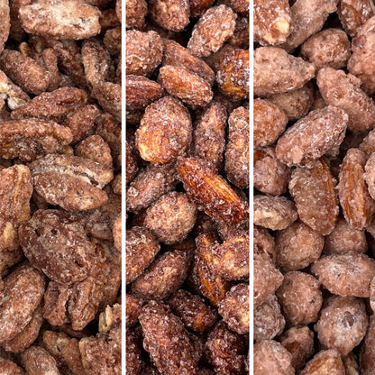 From left to right, Sweet Amber Pecans, Cinnamon Almonds, and Vanilla Almonds